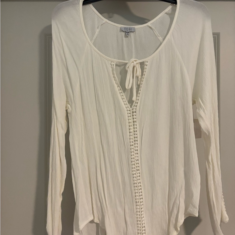 Tobi Cream Long Sleeve Blouse with Tie Front